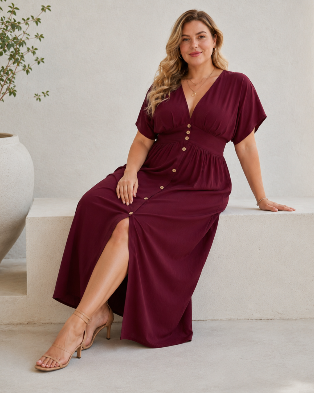 Vestido Comprido com Botões e Decote em V