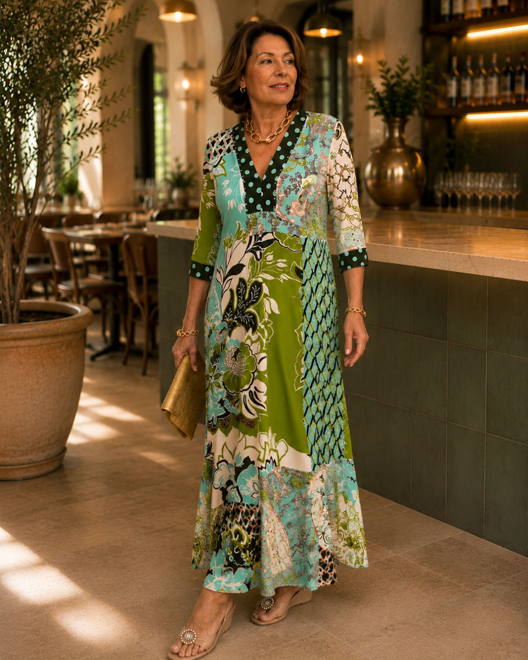 Vestido com decote em V, fenda e estampado vintage