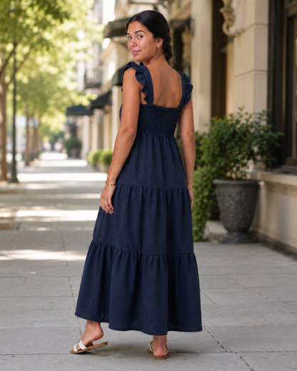Vestido Longo com Alças e Corpo Franzido
