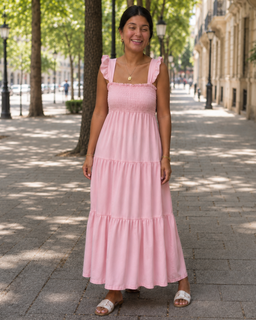 Vestido Longo com Alças e Corpo Franzido