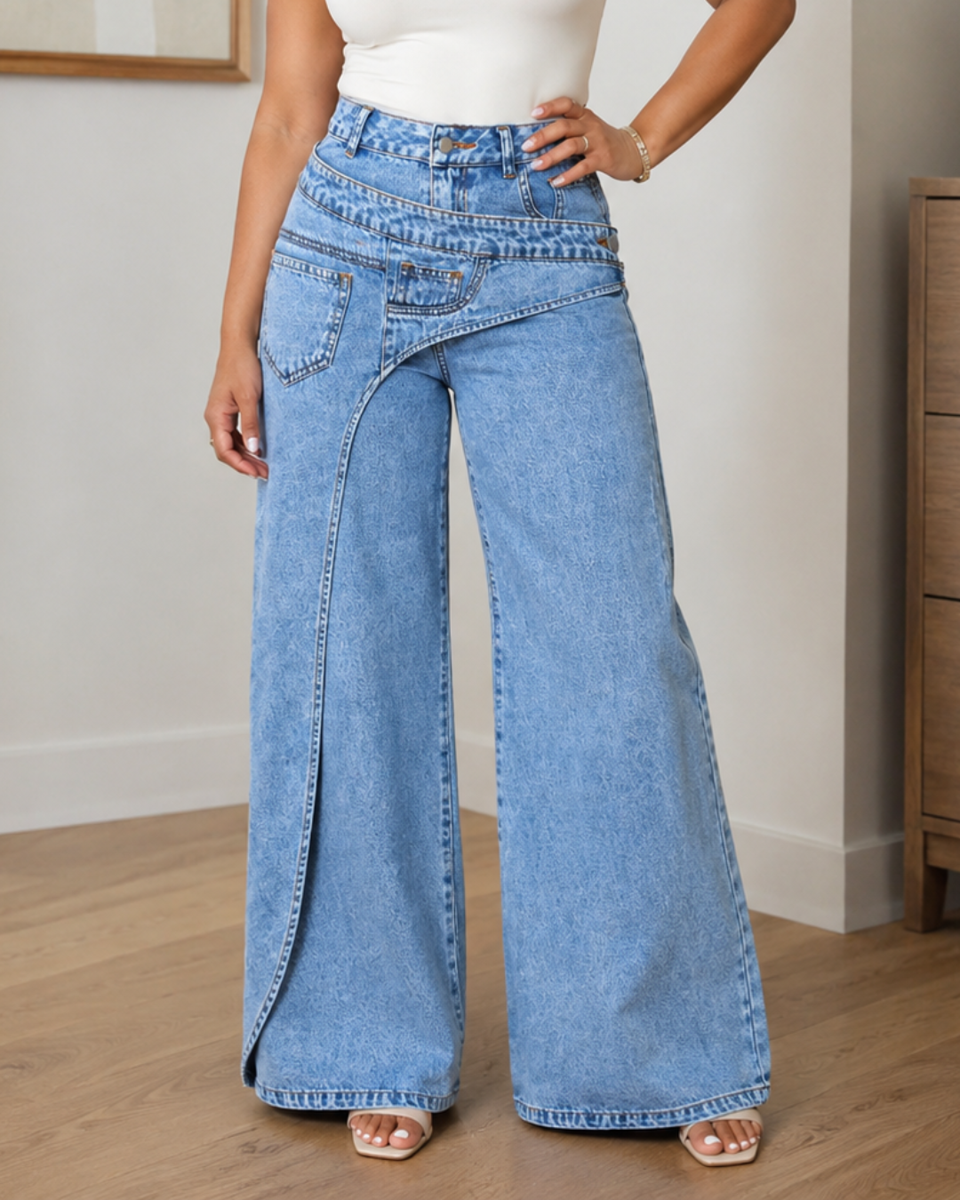 Calças de Ganga Wide Leg com Cintura Cruzada