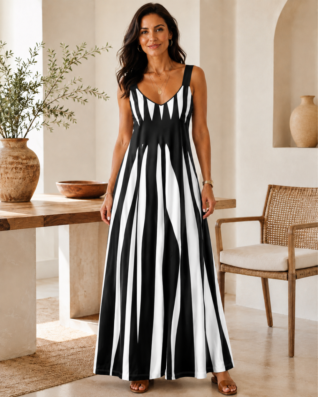 Vestido Comprido de Alças com Padrão Ondulado
