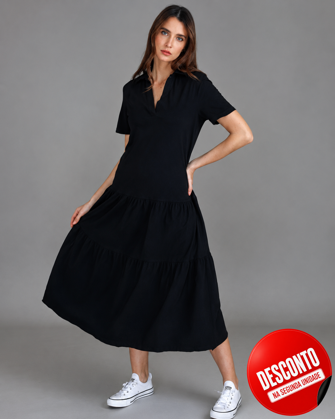 Vestido comprido com gola de camisa (Desconto na 2.ª unidade)
