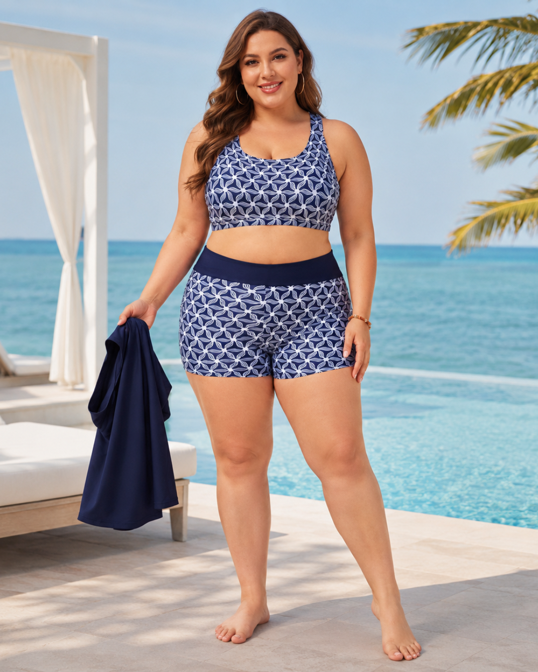 Conjunto de Banho de Três Peças com Calções, Top e Blusa