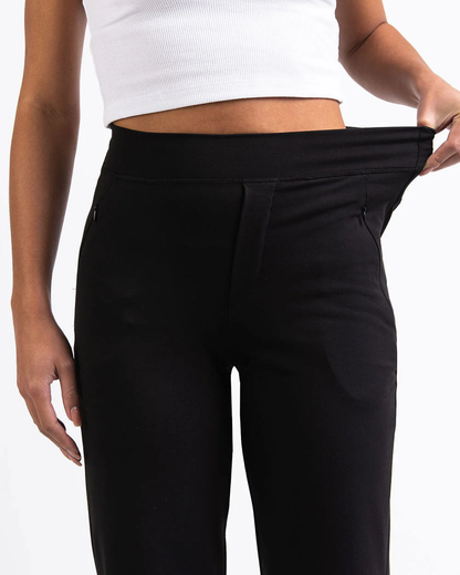 Calças de corte reto e alta elasticidade para mulher