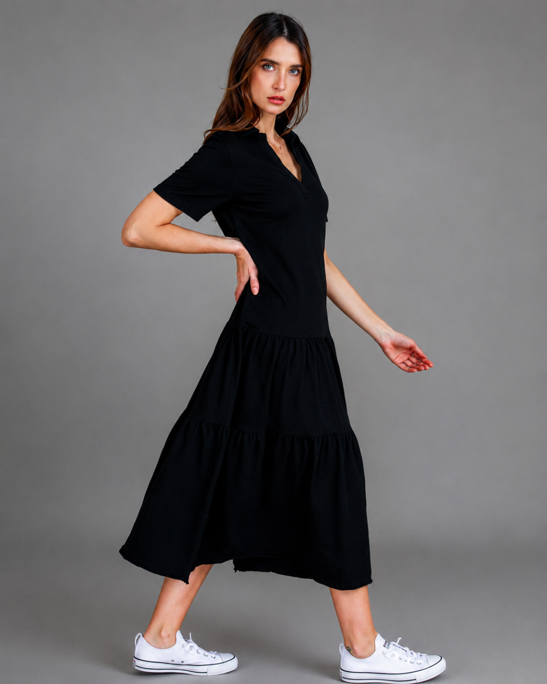 Vestido comprido com gola de camisa (Desconto na 2.ª unidade)
