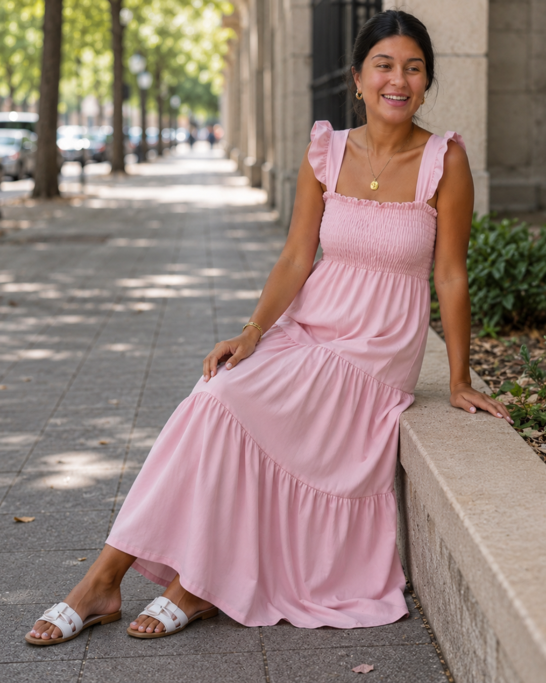 Vestido Longo com Alças e Corpo Franzido