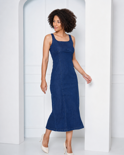 Vestido Denim com Decote Quadrado