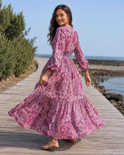 Vestido Comprido Estampado com Decote Ajustável e Saia Fluida