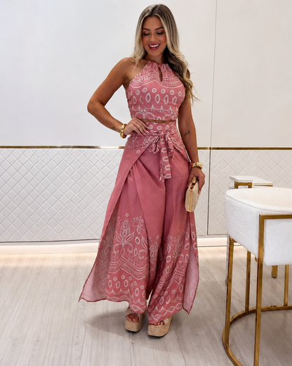 Conjunto Boho de Top Halter e Calças Fluídas