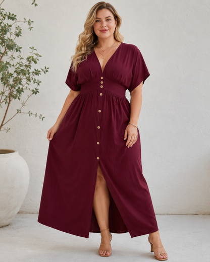 Vestido Comprido com Botões e Decote em V