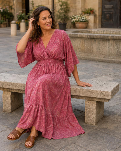 Vestido Comprido Estampado com Cintura Franzida