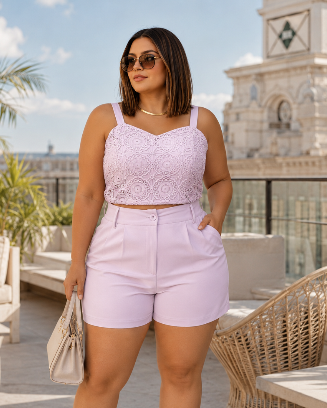 Conjunto de Crop Top de Guipure e Calções