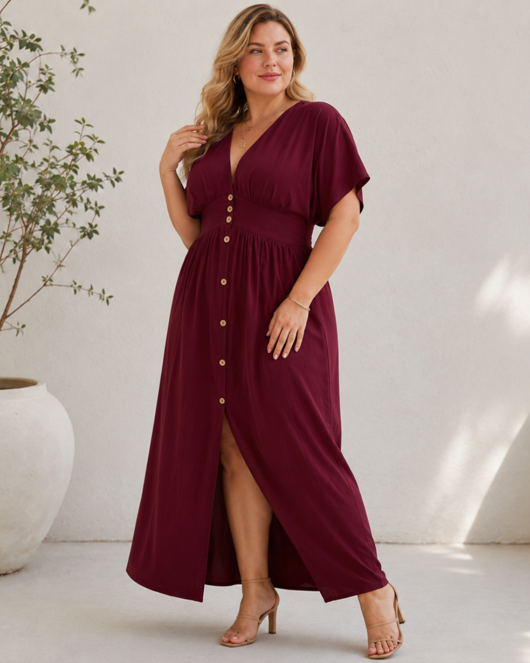 Vestido Comprido com Botões e Decote em V