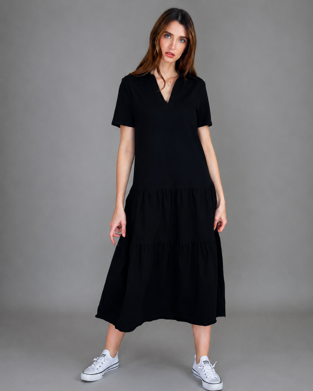 Vestido comprido com gola de camisa (Desconto na 2.ª unidade)