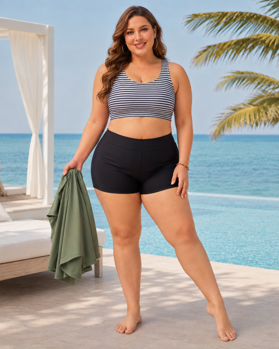 Conjunto de Banho de Três Peças com Calções, Top e Blusa