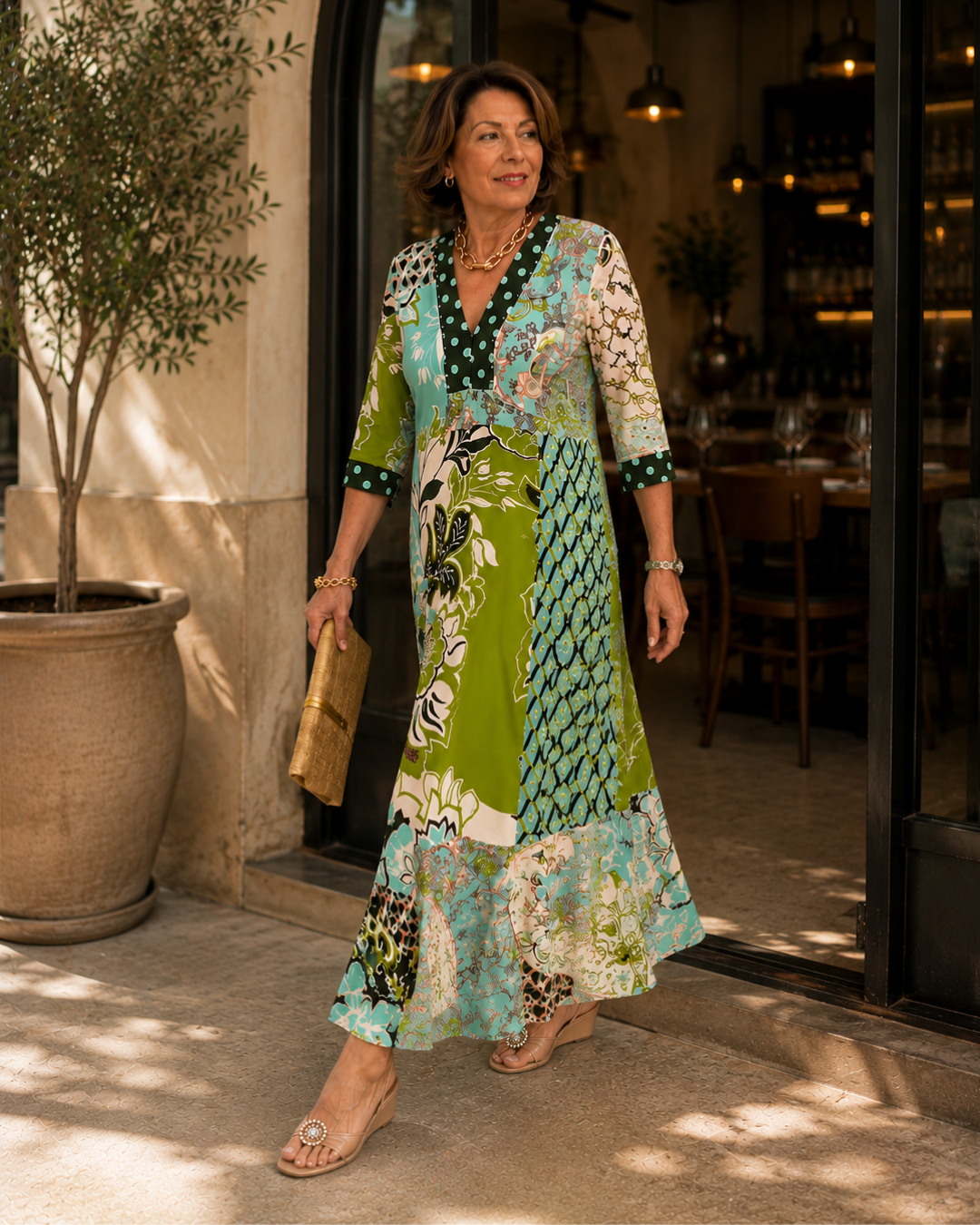 Vestido com decote em V, fenda e estampado vintage
