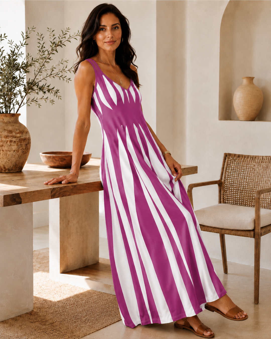 Vestido Comprido de Alças com Padrão Ondulado
