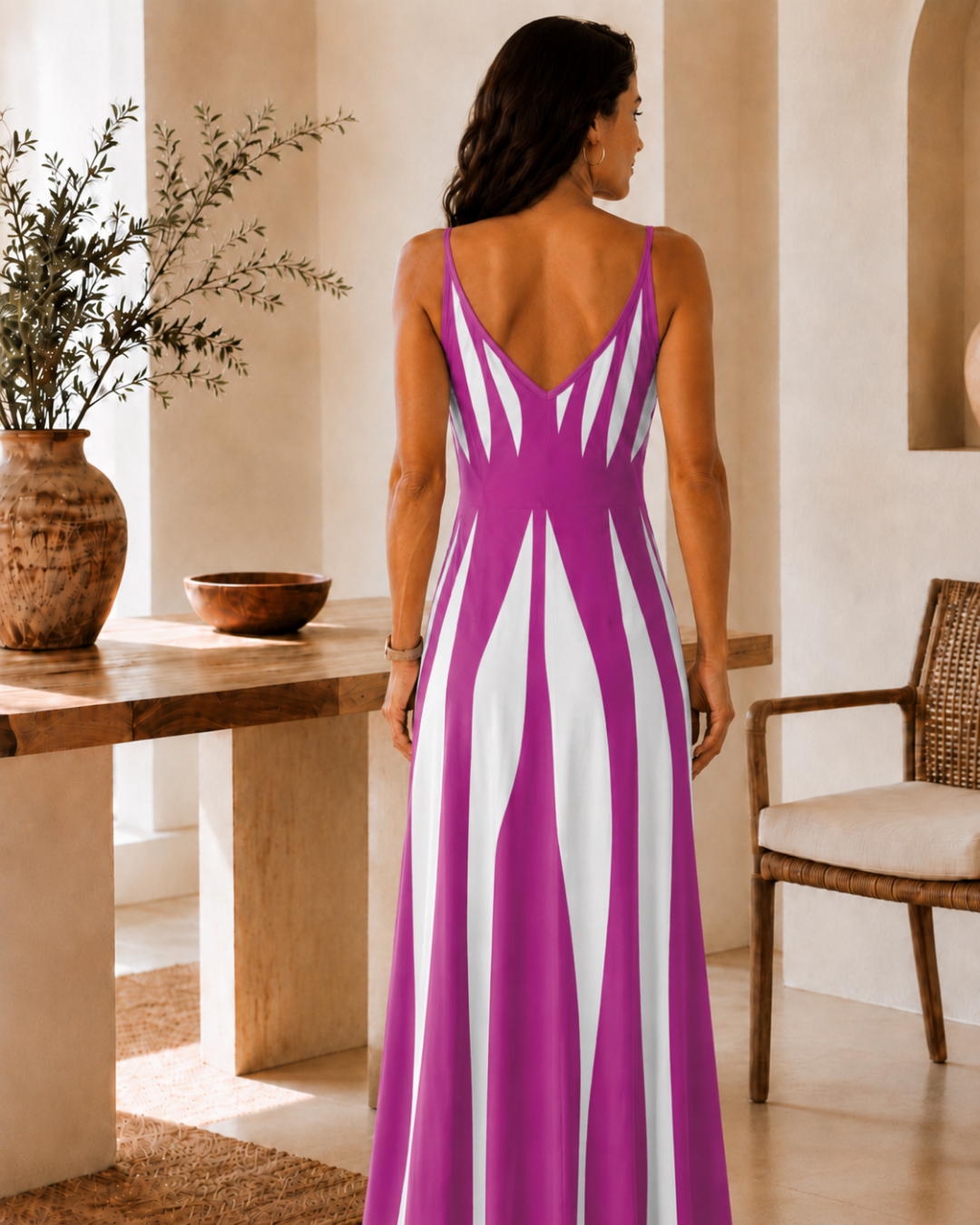Vestido Comprido de Alças com Padrão Ondulado