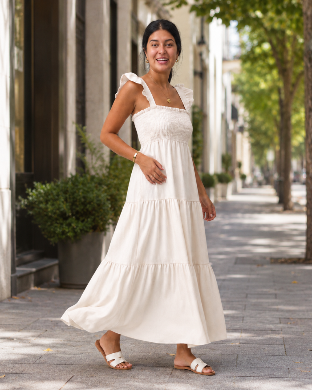 Vestido Longo com Alças e Corpo Franzido