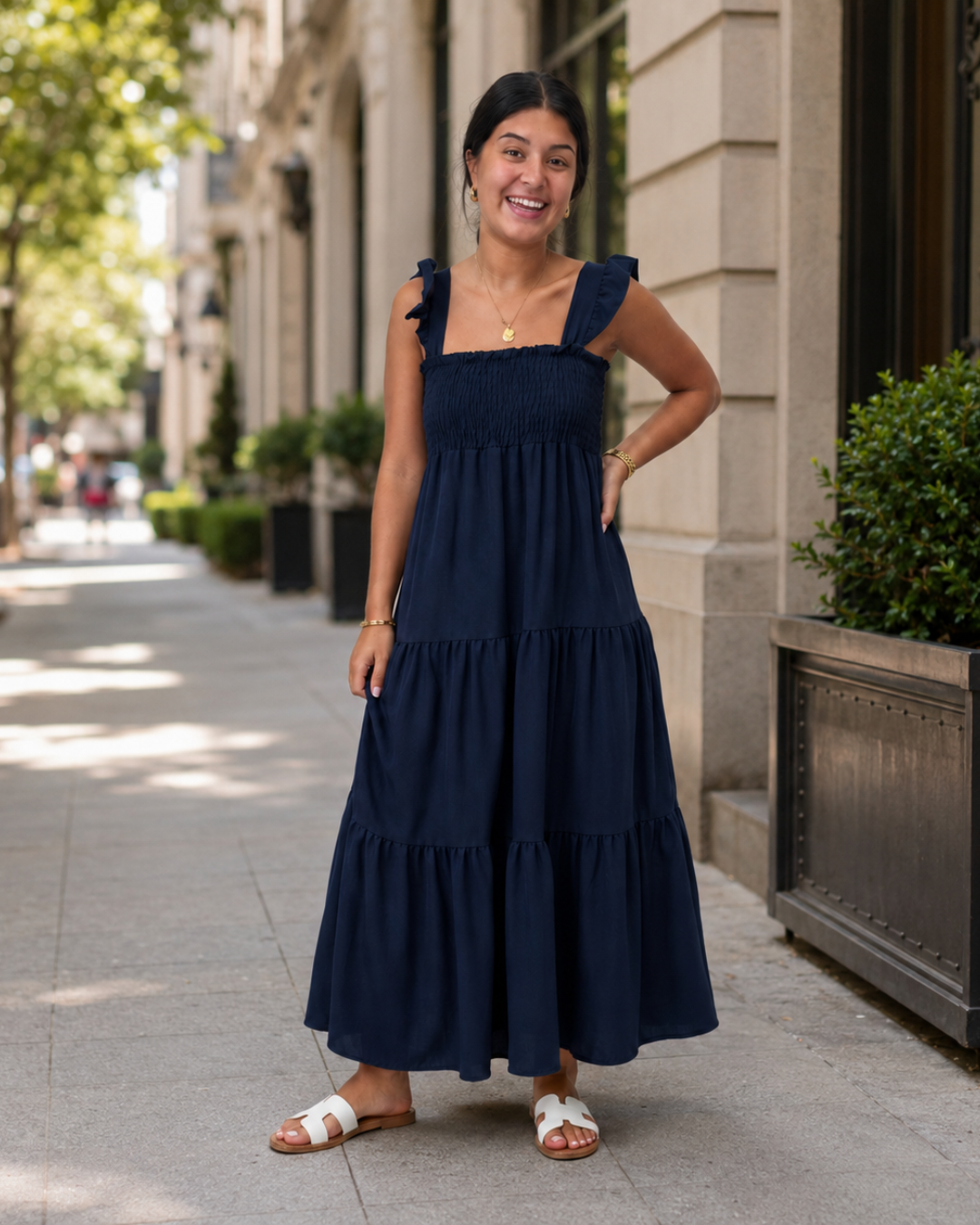 Vestido Longo com Alças e Corpo Franzido