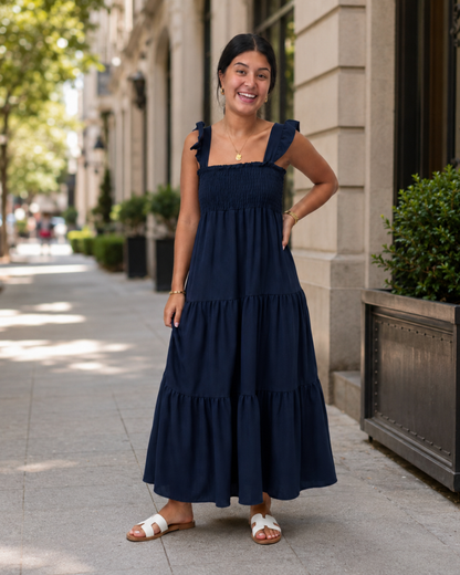 Vestido Longo com Alças e Corpo Franzido