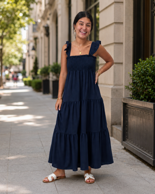 Vestido Longo com Alças e Corpo Franzido