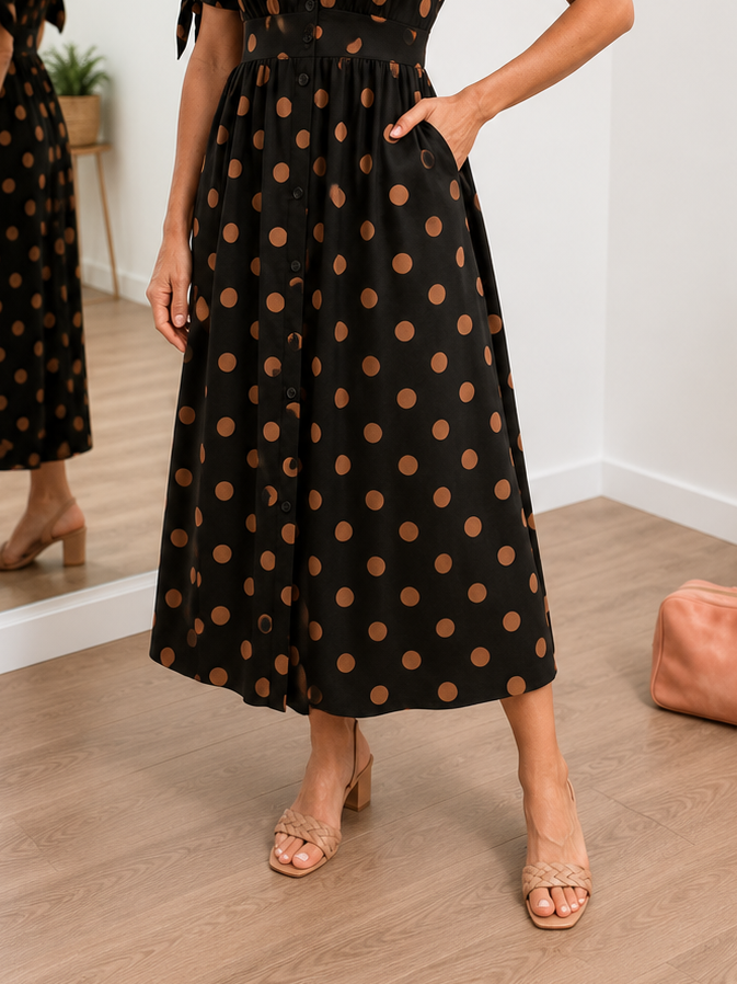 Vestido às bolinhas com decote em V cruzado